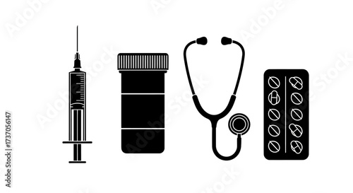 Medical Equipment Syringe, Pills, Stethoscope, and Medicine Bottle Illustration