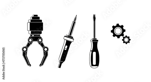 Black and white image of various mechanical tools for construction and projects