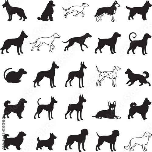 Diverse Dog Silhouettes: A compilation of various dog silhouettes, showcasing the beauty and diversity of the canine world. Perfect for designers. 