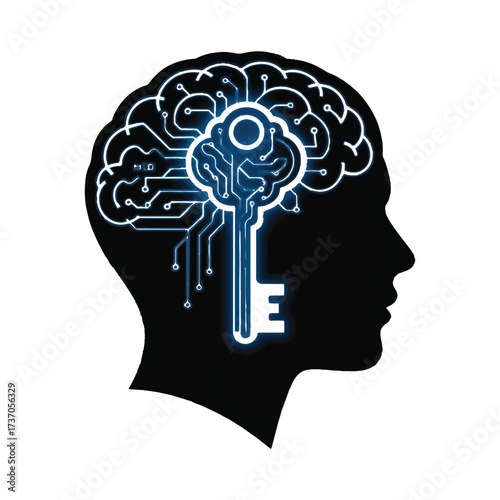 Vector art of head silhouette with brain and key circuit, representing the key to unlocking human potential and intelligence