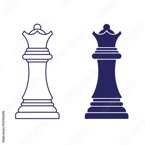 Two stylized chess queen pieces in outline and filled dark blue color against white background