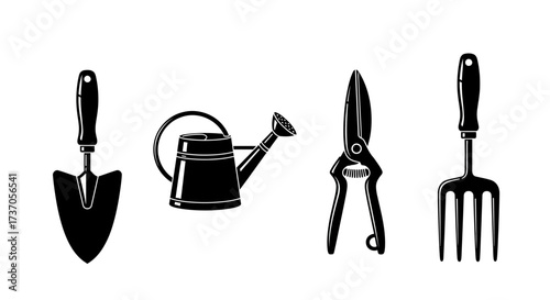 Gardening Essentials Spade, Watering Can, Pruners, and Garden Fork in Black and White