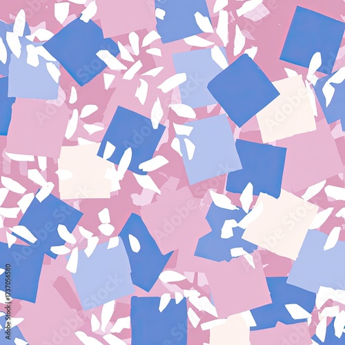 Abstract pattern of overlapping pastel squares and fragmented white shapes on a pink backdrop