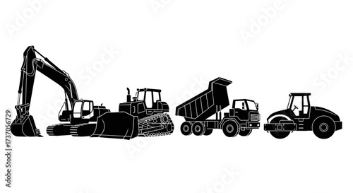 Construction Equipment Silhouettes Excavator, Bulldozer, Dump Truck, Roller