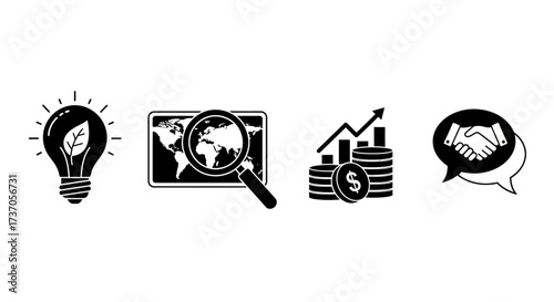 Business, ecology, research, growth, and agreement illustrated concept icons