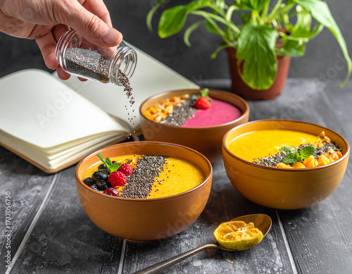 A hand is sprinkling chia seeds onto three colorful smoothie bowls beside an open recipe book