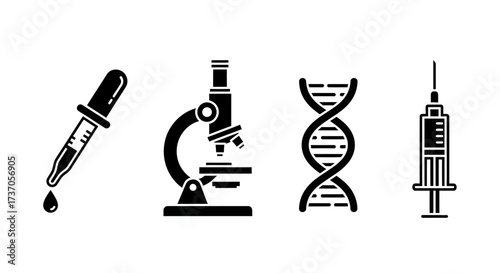 Science and medical equipment icons Dropper, microscope, DNA helix, and syringe