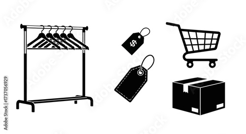 Shopping Cart, Clothing Rack, Price Tags, and Package Box Icons for Commerce