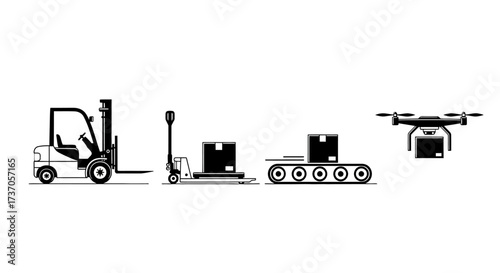 Logistics and Transportation Forklift, Pallet Jack, Conveyor Belt, and Drone Delivery