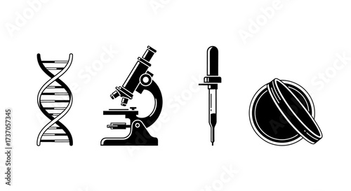 Science and Research Icons of Genetics, Microscopy, and Laboratory Equipment