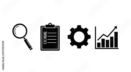 Business and Development Icons Magnifying Glass, Clipboard, Cog, and Graph