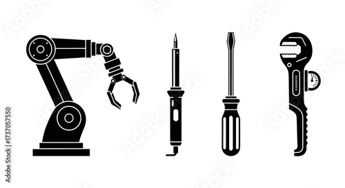 Robot arm, soldering iron, screwdriver, and adjustable wrench icons