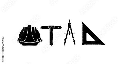 Engineering tools silhouette Helmet, T-square, compass, and triangle for design