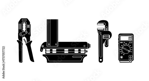 Various electrical tools crimper, punch, wrench, and multimeter shown in silhouette