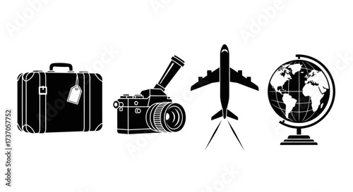 Travel Essentials Suitcase, Camera, Airplane, and Globe for Adventure