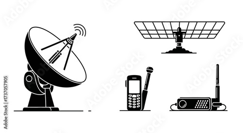 Communication Technology Satellite Dish, Solar Panel, Radio, Microphone, and Router