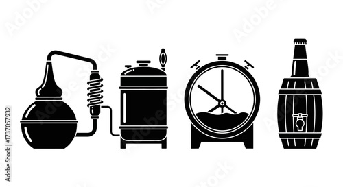 Black and white distillery equipment icons stills, tanks, and barrels