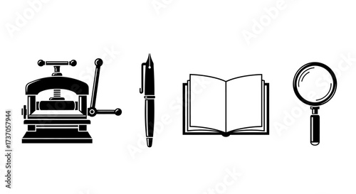 Icon Set Printing Press, Pen, Book, and Magnifying Glass for Design