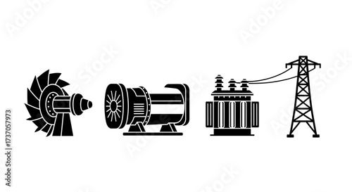 Silhouette Icons Representing Renewable Energy, Power Generation, and Distribution