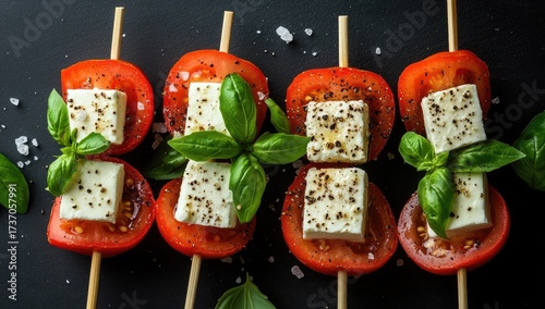 Tomato, feta, basil skewers on dark slate. Appetizing view