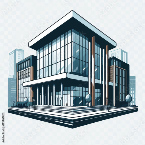 Modern Glass Building with Geometric Design and Urban Surroundings.