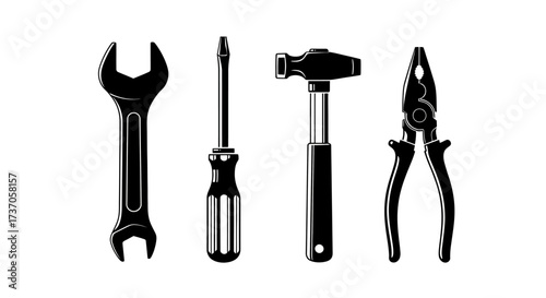 Collection of Tools Wrench, Screwdriver, Hammer, Pliers for Repairing and Construction