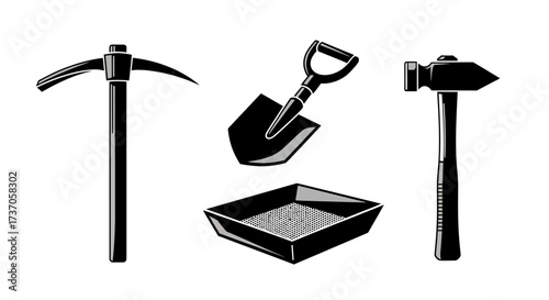 Illustrative Set of Tools Pickaxe, Shovel, Hammer, and a Tray, Black and White
