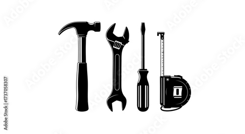 Tools Illustration Hammer, Wrench, Screwdriver, and Tape Measure - Isolated on White