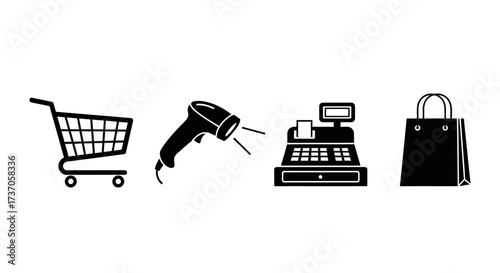 Shopping Cart, Scanner, Cash Register, and Shopping Bag Icons for Retail and Business