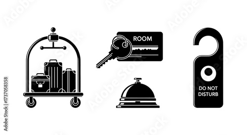 Hotel Icons Luggage Cart, Key, Bell, Door Hanger, and Room Service Symbols