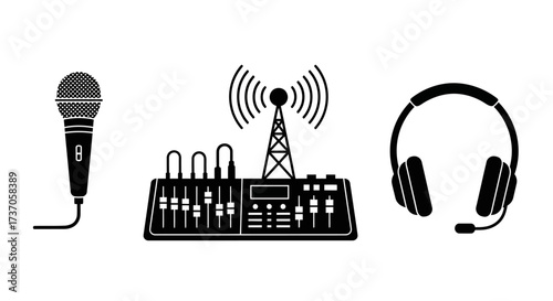 Audio Equipment Icons Microphone, Sound Mixer, and Headphones in Black and White