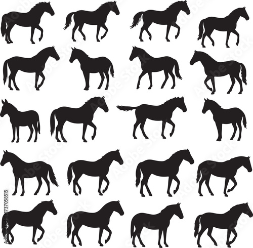 Equine Shadows: A captivating assemblage of sleek, black silhouettes of horses, each frozen in various dynamic strides against a simple, unified background.