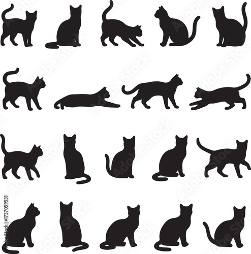 Silhouette Serenade: An artistic array of cat silhouettes in various poses, elegantly captured in a monochrome grayscale.