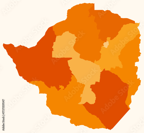 Map of Zimbabwe with regions. Just a simple country border map with region division. Orange color palette. Blank Zimbabwe shape with administrative division. Vector illustration.