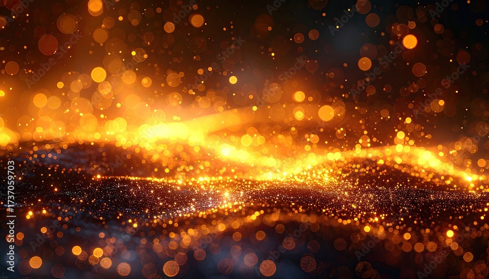 Naklejka premium Abstract Golden Particles Flowing with Bokeh Light in Dark Background Generative AI