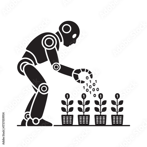 Vector art of robot planting digital seeds, a futuristic concept of artificial intelligence and technological advancement