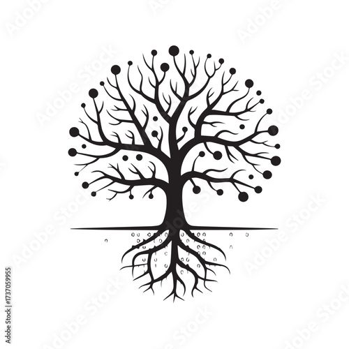 Vector art of tree with roots and digital network nodes, representing growth and connectivity