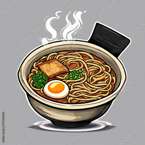 A steaming bowl of ramen, featuring noodles, egg, pork, and seaweed, ready to eat.