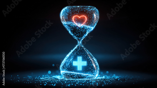 Glowing hourglass with heart and medical cross symbolizing health and longevity