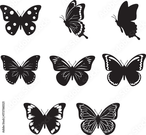 Butterfly Silhouette Collection: An array of butterfly silhouettes, each exuding unique grace and elegance, offering diverse designs. Ideal for a variety of applications.