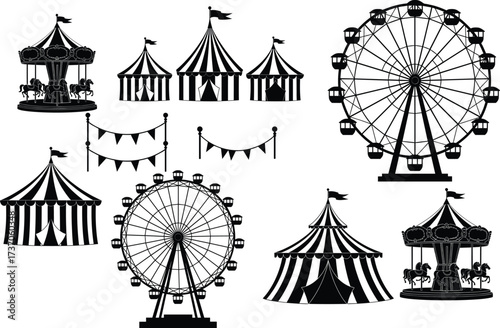 Circus and carnival vector illustration set, amusement park rides, ferris wheel, carousel, striped tents, festive banners, entertainment and fairground clipart collection