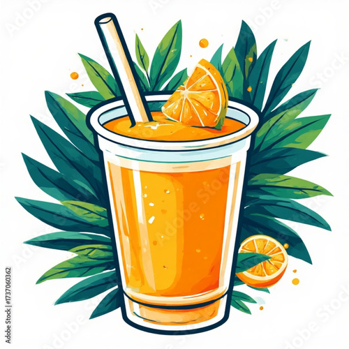 A refreshing orange juice drink in a clear cup with a straw, surrounded by green leaves and an orange slice.