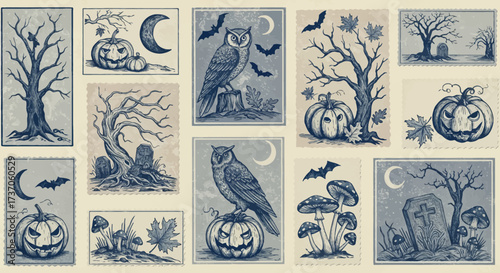 Spooky Halloween stamps featuring vintage owl, pumpkin, and graveyard scenes