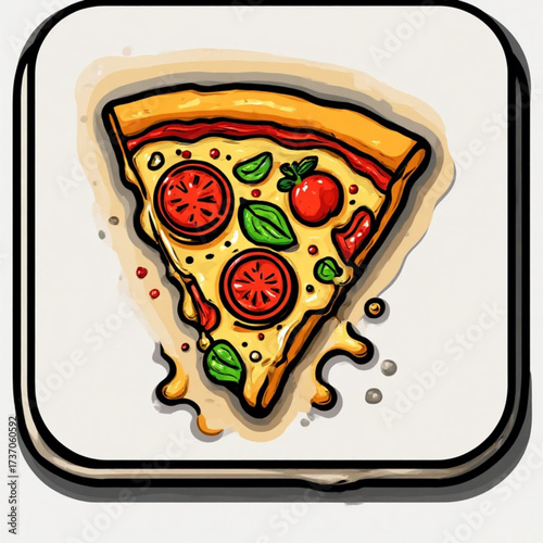 Illustrated slice of pizza with melted cheese, tomato slices, basil leaves, and a crispy crust against a white background.