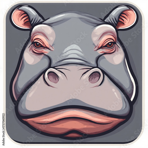 A stylized illustration of a hippopotamus head, facing forward with a serious expression.
