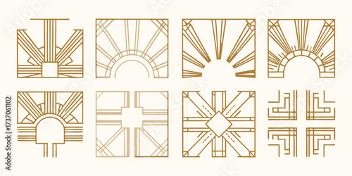 Collection of art deco geometric sunburst and abstract decorative frames in gold and beige tones