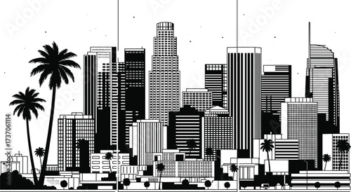City skyline illustration with palm trees, modern skyscrapers, urban downtown view, Los Angeles inspired, black and white vector architecture, cityscape design
