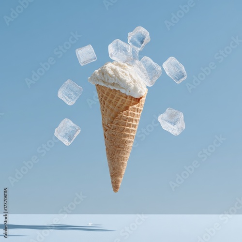 Floating vanilla ice cream cone with scattered ice cubes against a light blue backdrop