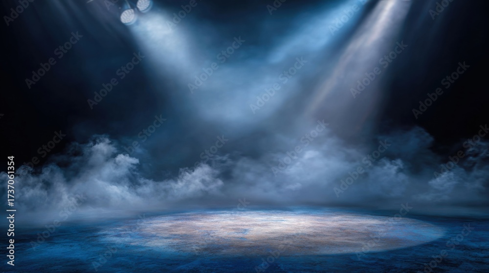 Fototapeta premium Spotlight Illuminating a Stage Surrounded by Fog and Smoke With Vibrant Blue Hues Creating a Dramatic Atmosphere