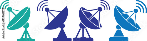 Modern communication satellite dishes transmitting data signals for global network connection, wireless technology, and telecommunication concept illustration.